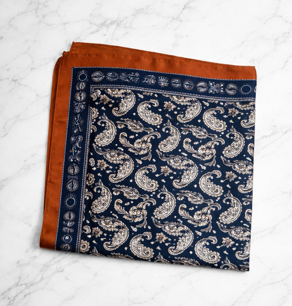 Foulard carré 70x70 - Victoria - Bleu marine cachemire terracotta