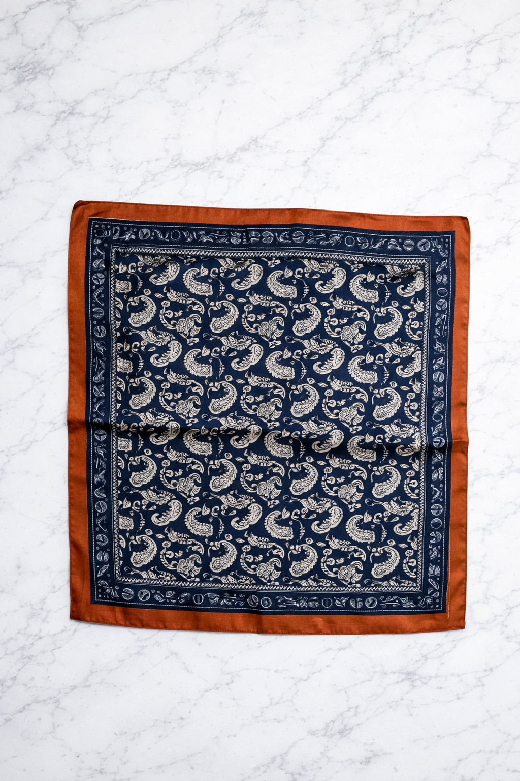 Foulard carré 70x70 - Victoria - Bleu marine cachemire terracotta